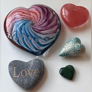 Colorful Swirl Handblown Heart Glass Paperweight & Heart Rocks/Crystals